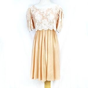 Vintage 70s Blush Pink Lace Handmade Satin Dress